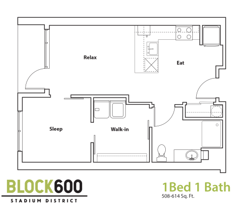 BLOCK600 1 Bed 1 Bath Apartment Floor Plan
