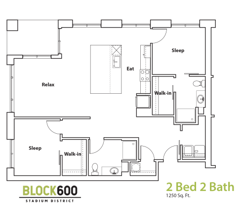 BLOCK600 2 Bedroom 2 Bathroom 1250 square foot layout