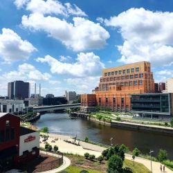 A view of downtown Lansing's riverfront from an apartment balcony.