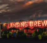 Night time view of the Lansing Brewing Company building